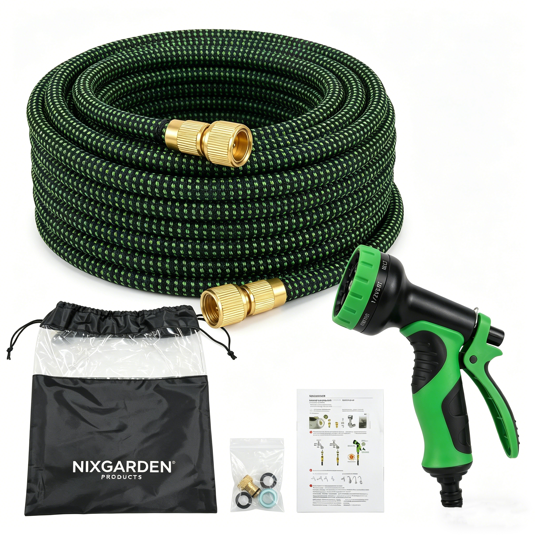 Tubo estensibile da giardino 15 m con pistola multifunzione e raccordi in ottone resistenti
