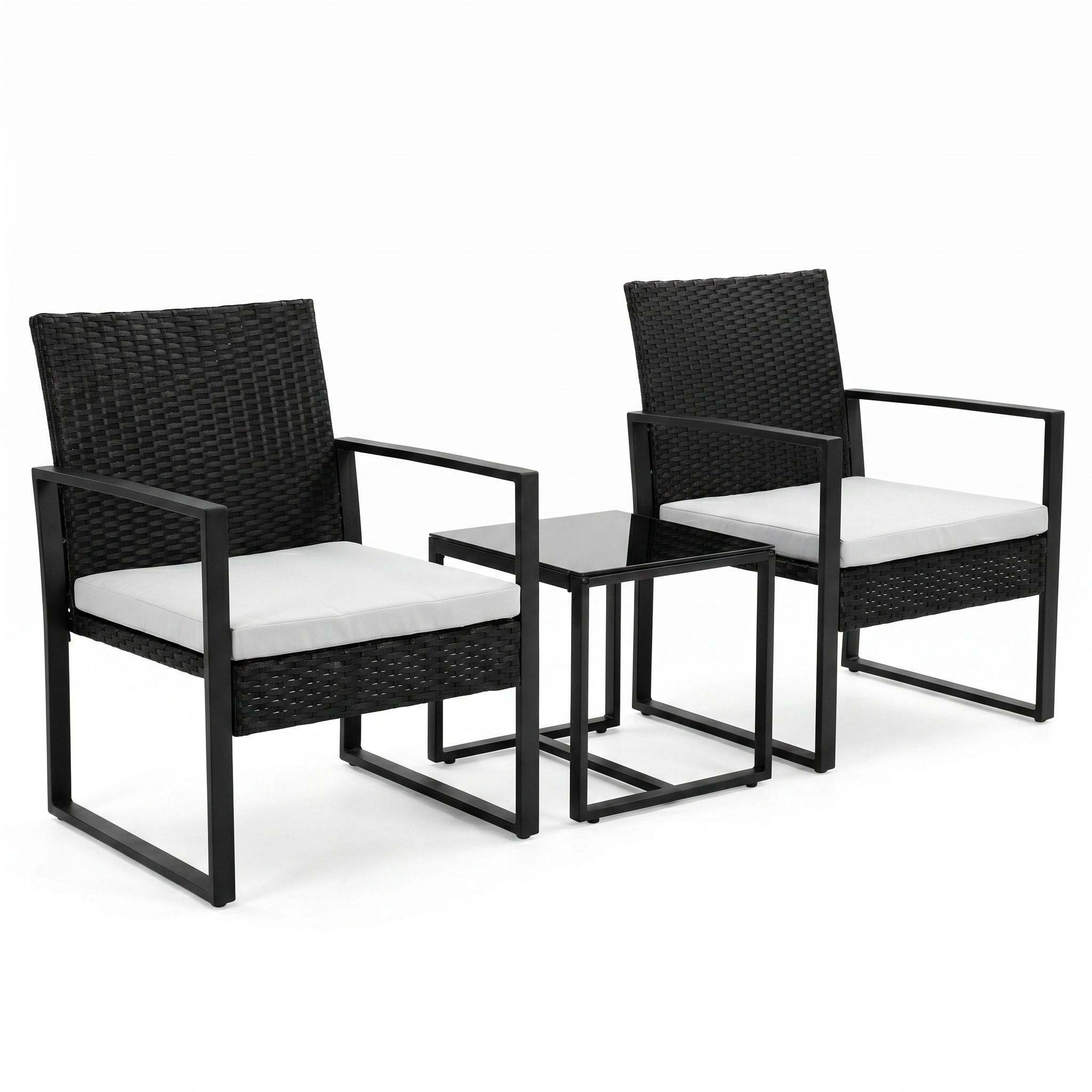 Set da giardino esterno in rattan PE 3 pezzi con tavolino laterale e cuscini imbottiti per terrazza, balcone e patio