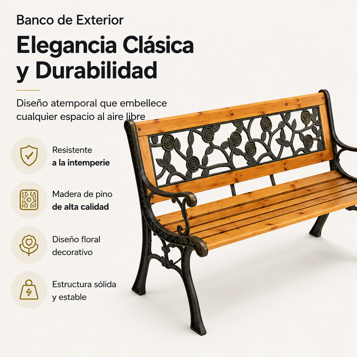Panca da giardino esterna in legno e metallo con schienale decorativo floreale per terrazza e parco