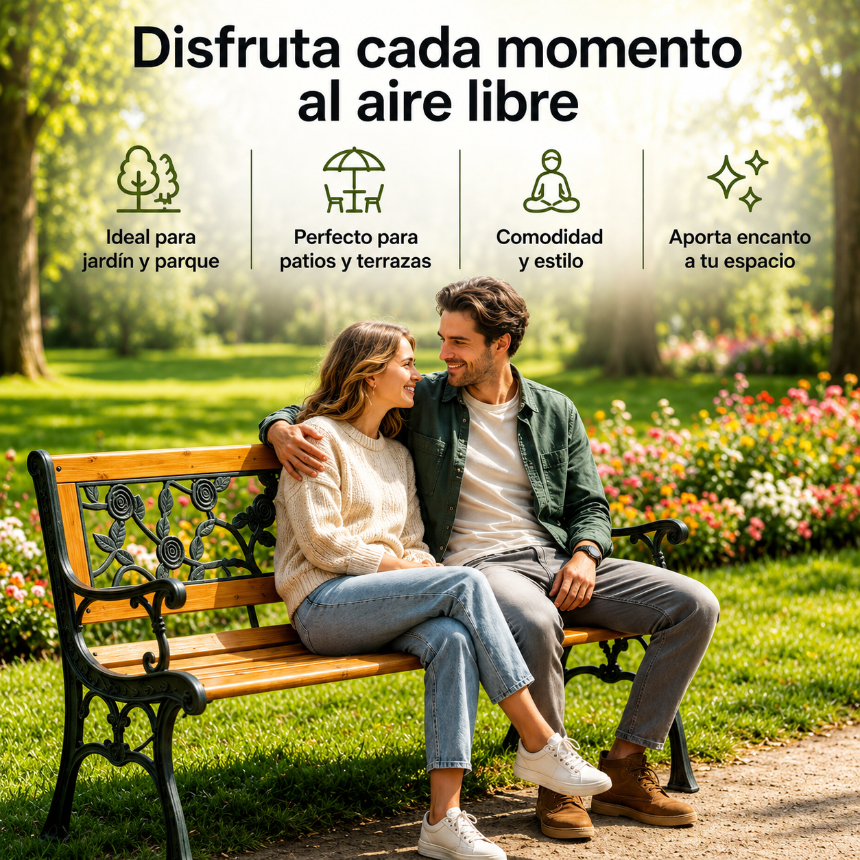 Panca da giardino esterna in legno e metallo con schienale decorativo floreale per terrazza e parco