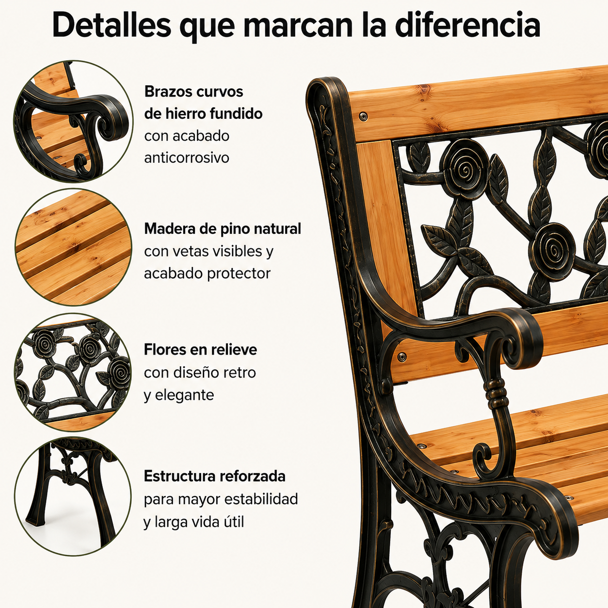 Panca da giardino esterna in legno e metallo con schienale decorativo floreale per terrazza e parco