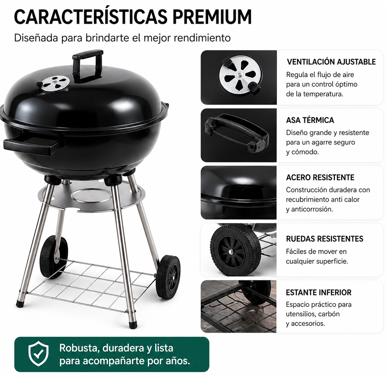 Barbecue a Carbone Rotondo Portatile con Coperchio e Ventilazione