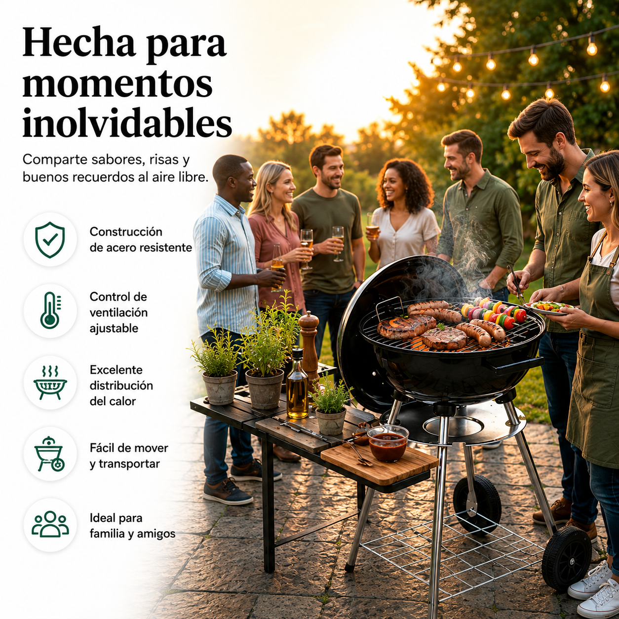 Barbecue a Carbone Rotondo Portatile con Coperchio e Ventilazione