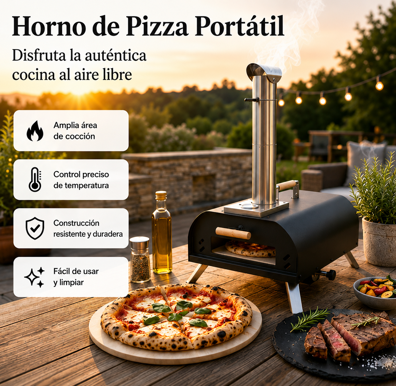 Forno per Pizza Portatile a Carbone con Camino e Termometro Integrato