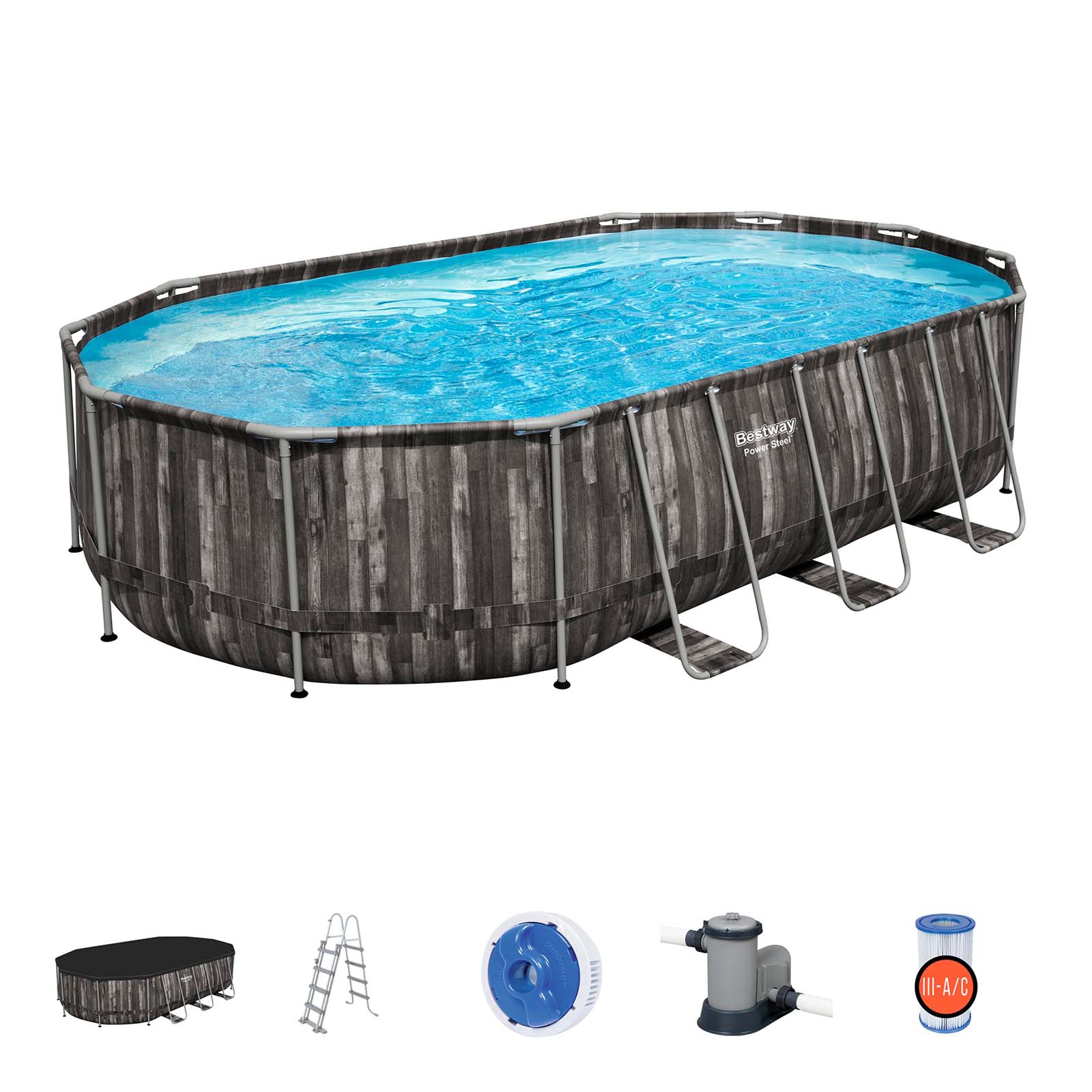 Bestway – Piscina desmontable Power Steel con depuradora (610 x 366 x 122 cm) diseño madera - BricoandPool