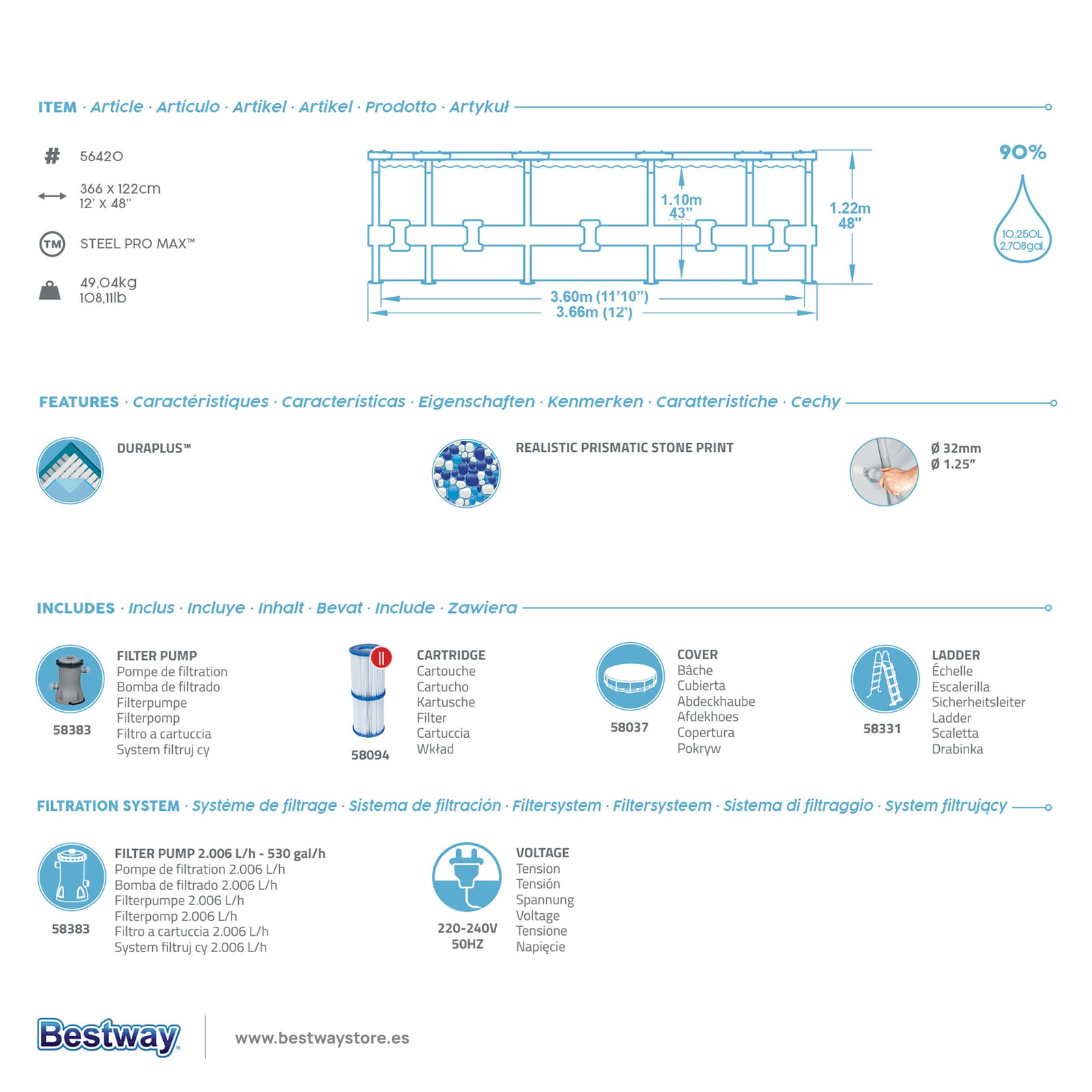 Bestway – Piscina desmontable Steel Pro MAX con filtro (366 × 122 cm) - BricoandPool