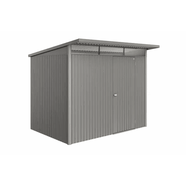 Biohort – AvantGarde Eco Caseta metálica de jardín con techo en atril en color Gris cuarzo metálico - BricoandPool