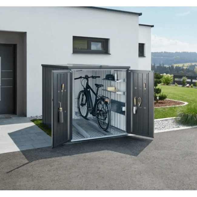 Biohort – MiniGarage metálico ideal para bicicletas (145 x 203 x 150 cm) - BricoandPool