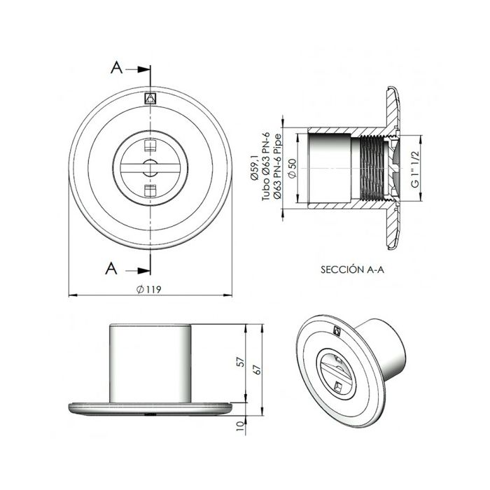 Boquilla de aspiración encolar D63 - D50 piscina hormigón AstralPool - BricoandPool