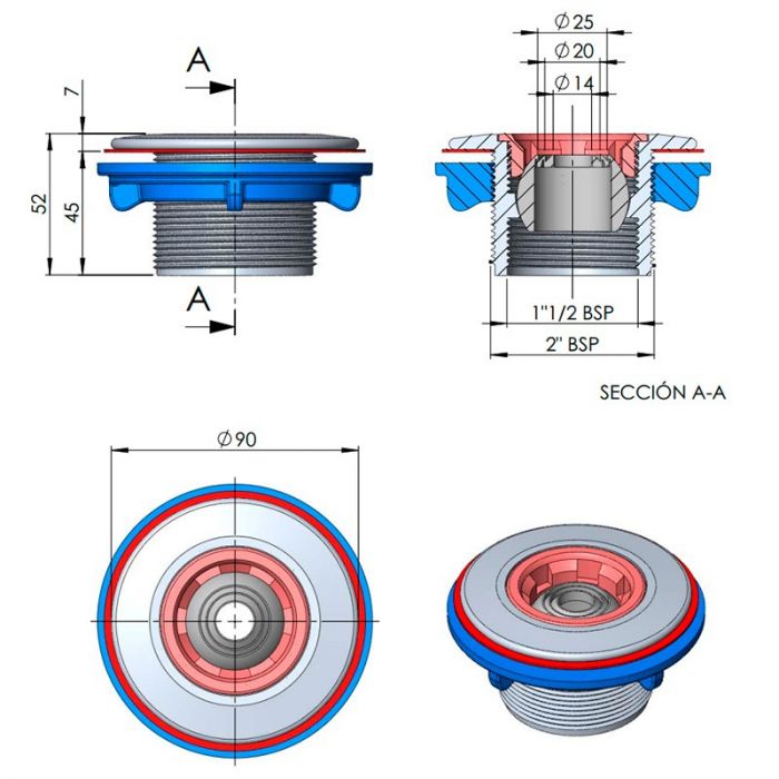 Boquilla impulsión Multiflow rosca ext. 2" int. 1½" piscina prefab. - BricoandPool