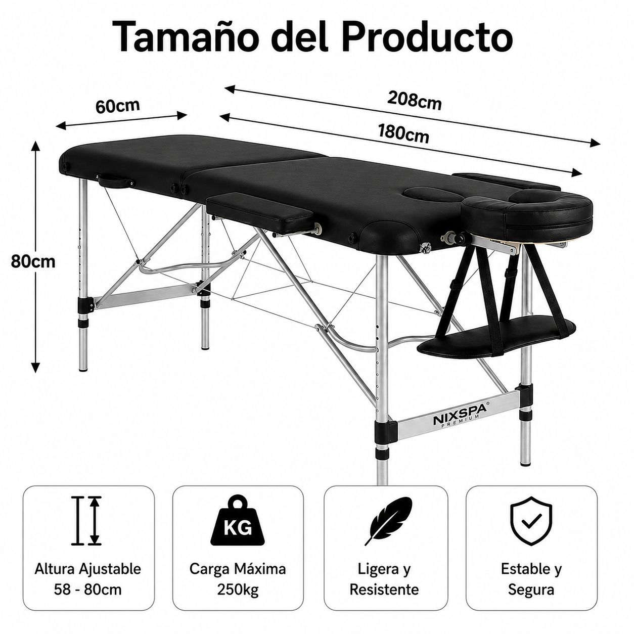 Lettino da massaggio pieghevole a 2 zone con altezza regolabile, poggiatesta ergonomico e design portatile 60 cm