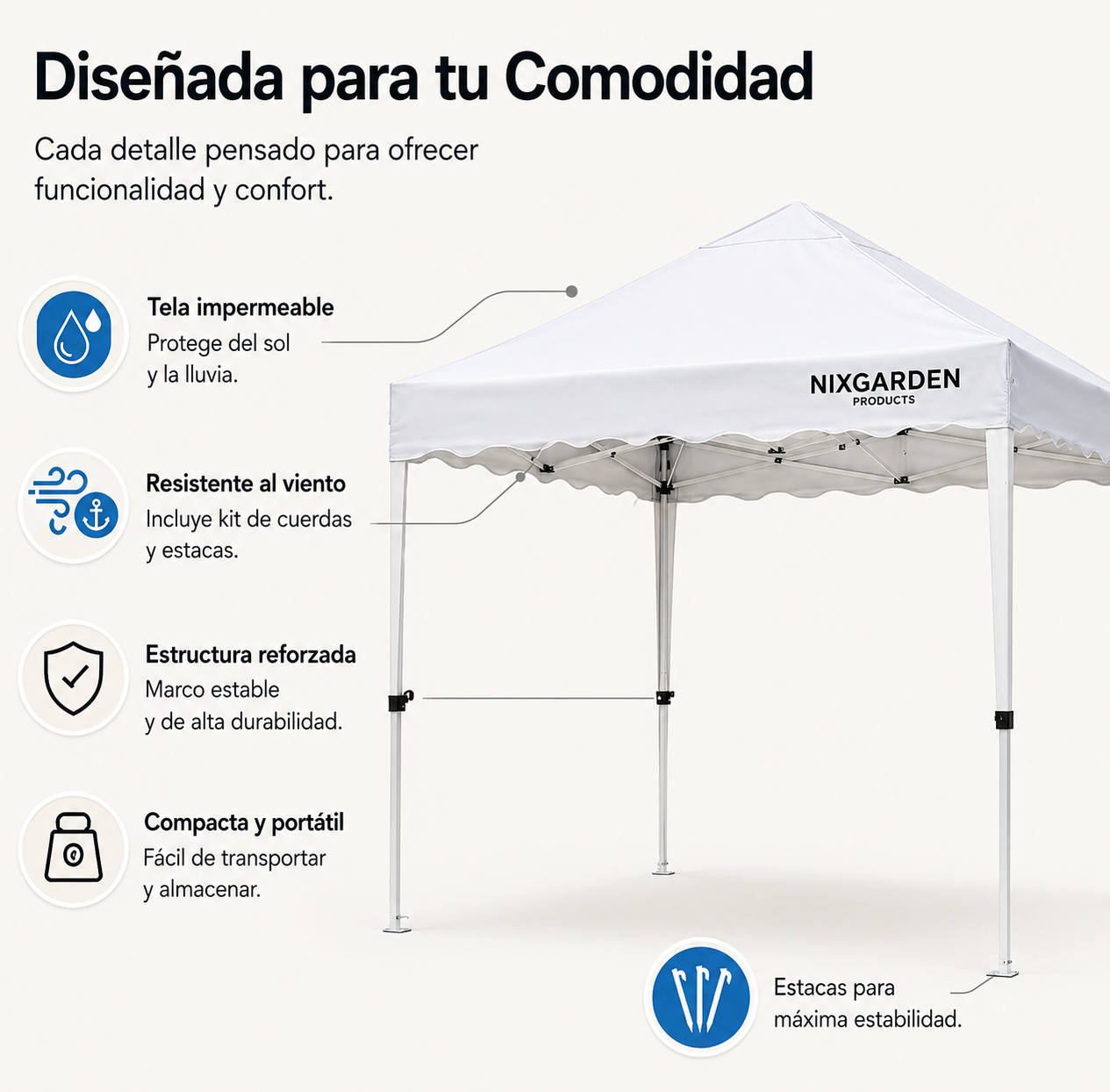 Tenda pieghevole 3x3 m impermeabile con struttura rinforzata, borsa per il trasporto e montaggio rapido colore bianco