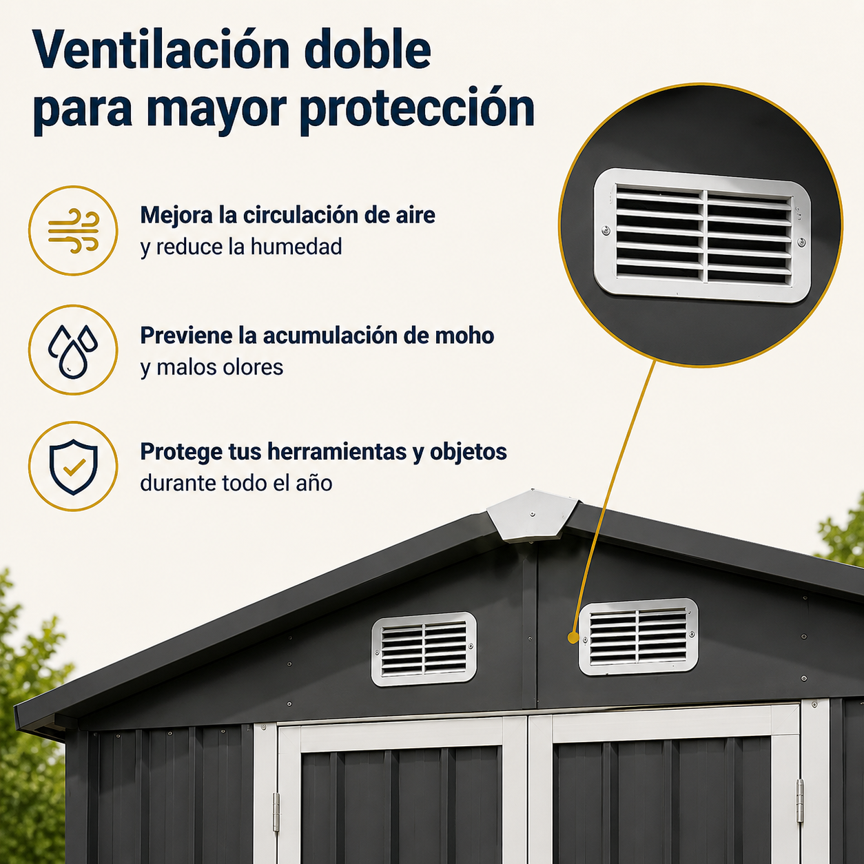 Casetta metallica esterna con porta doppia a battente, griglie di ventilazione e tetto inclinato