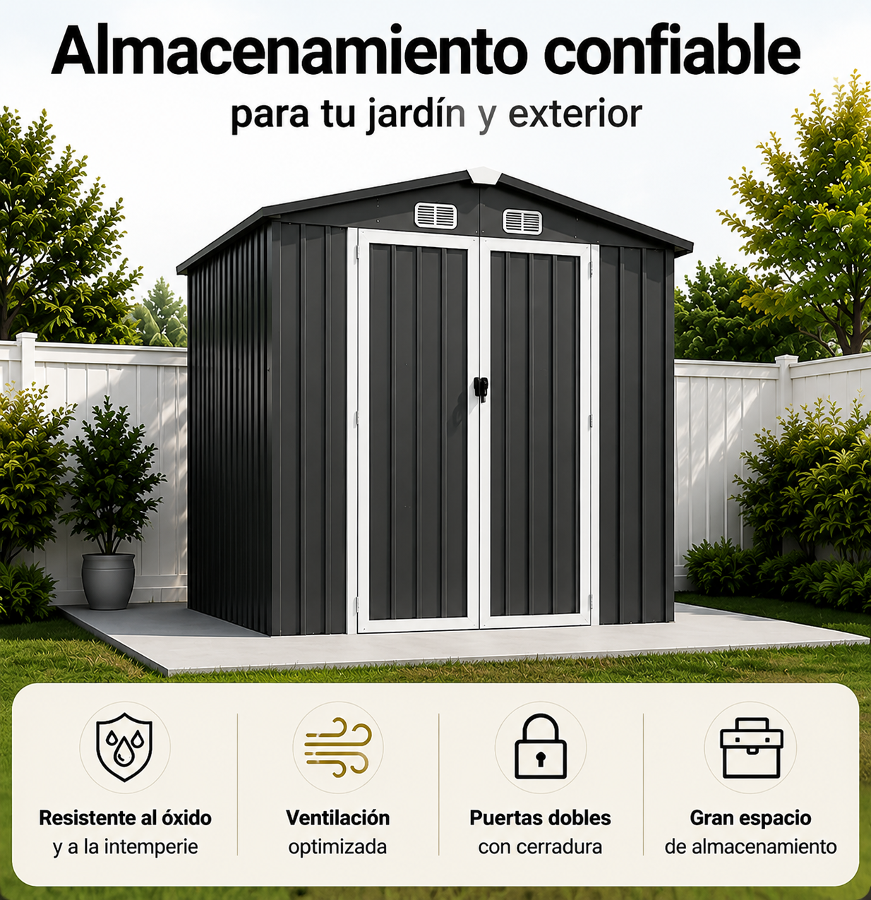 Casetta metallica esterna con porta doppia a battente, griglie di ventilazione e tetto inclinato