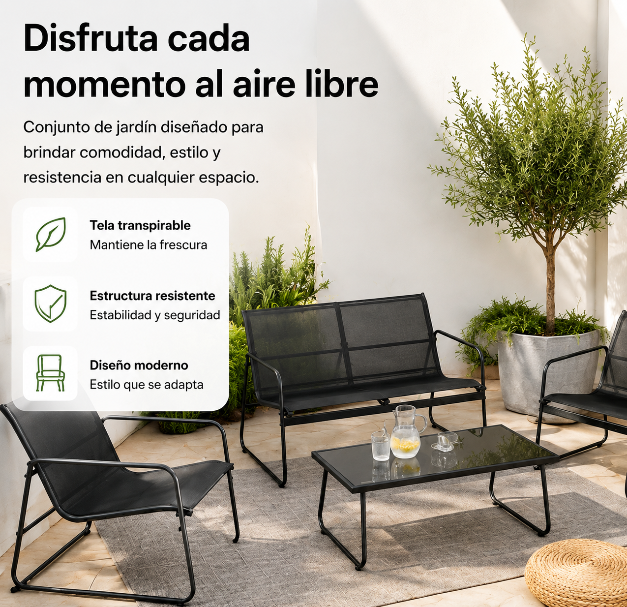 Garten-Set aus Stahl und Textilene mit 2-Sitzer-Sofa, 2 Sesseln und schwarzem Glastisch für Außenbereich