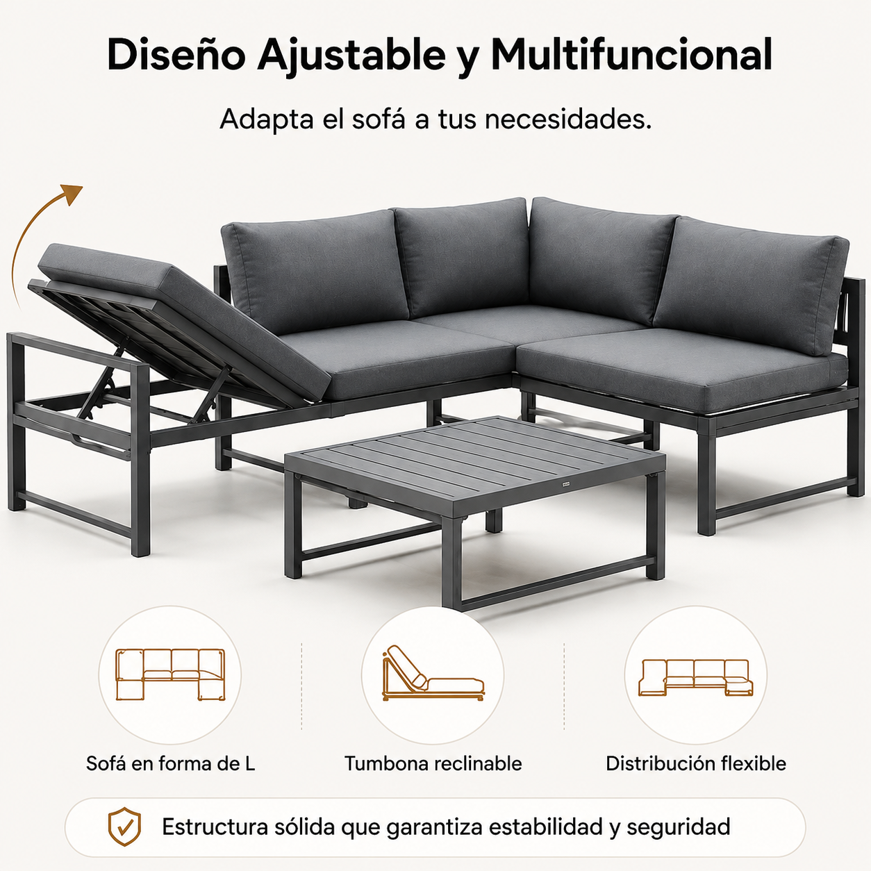 Set da giardino in alluminio antracite con divano angolare modulare, tavolo e cuscini per terrazza e esterno
