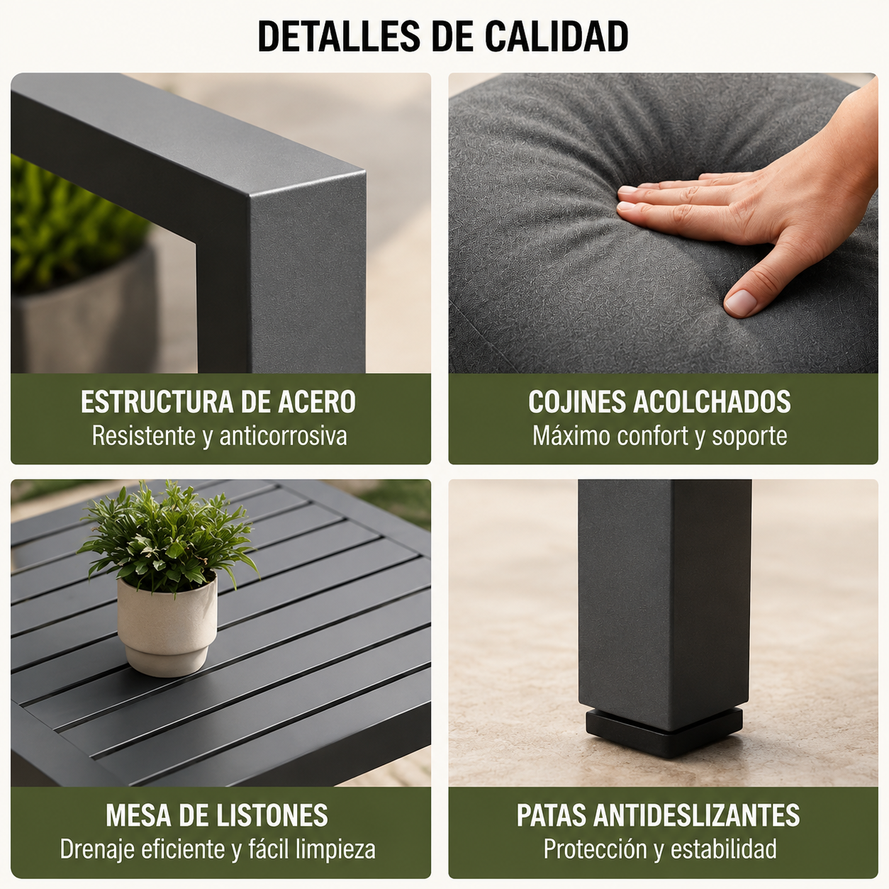 Set da giardino antracite con divano, 2 poltrone e tavolino da esterno per terrazza