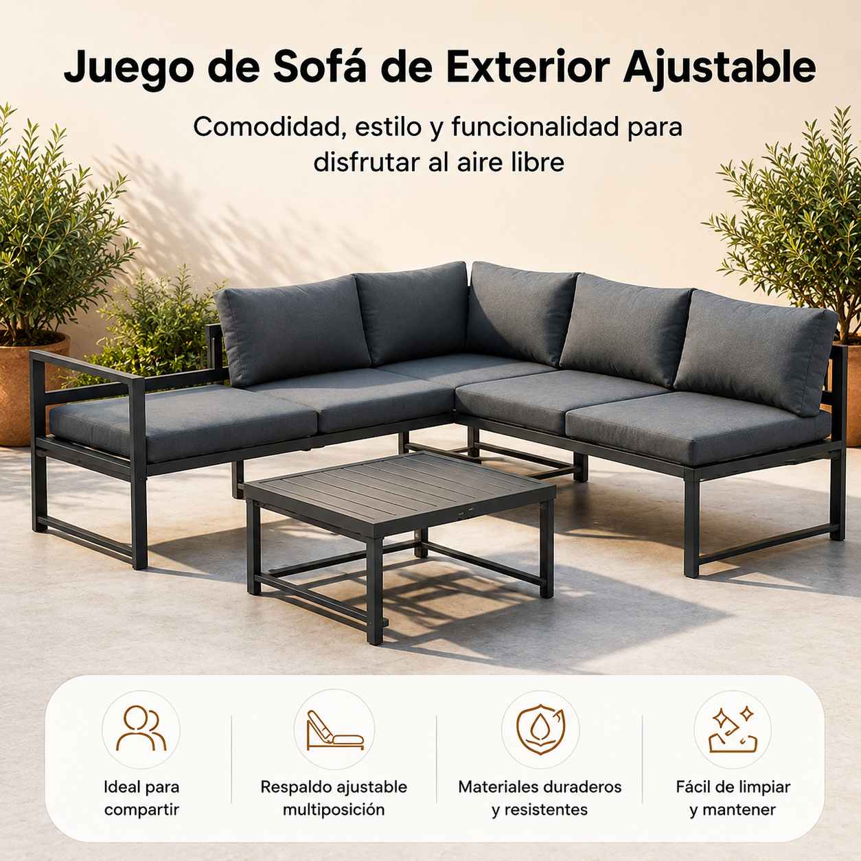 Set da giardino in alluminio antracite con divano angolare modulare, tavolo e cuscini per terrazza e esterno