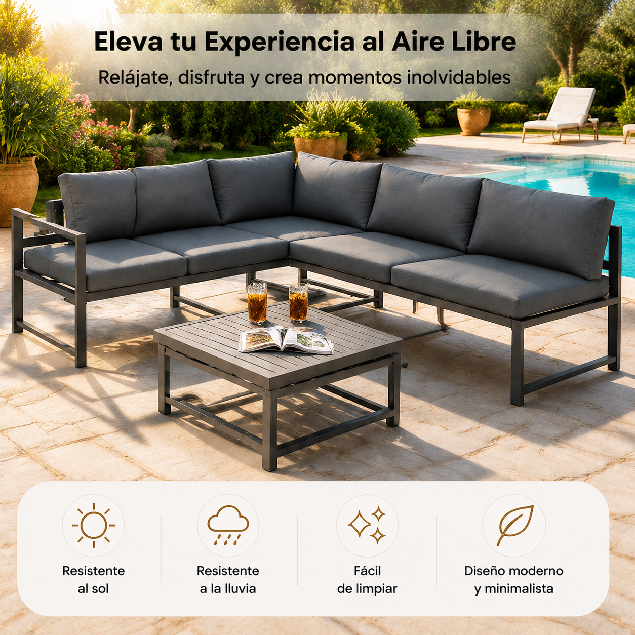 Set da giardino in alluminio antracite con divano angolare modulare, tavolo e cuscini per terrazza e esterno