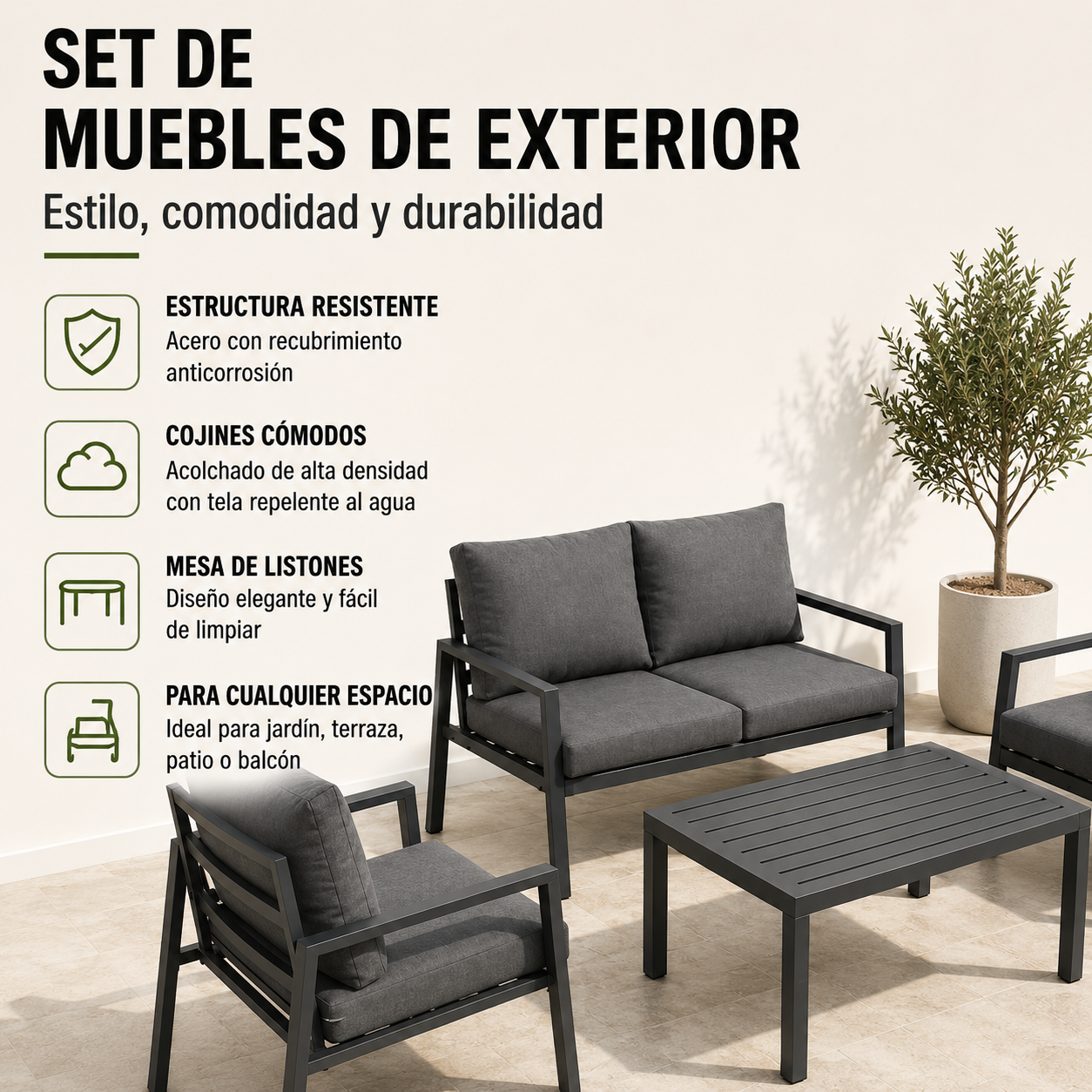Set da giardino antracite con divano, 2 poltrone e tavolino da esterno per terrazza