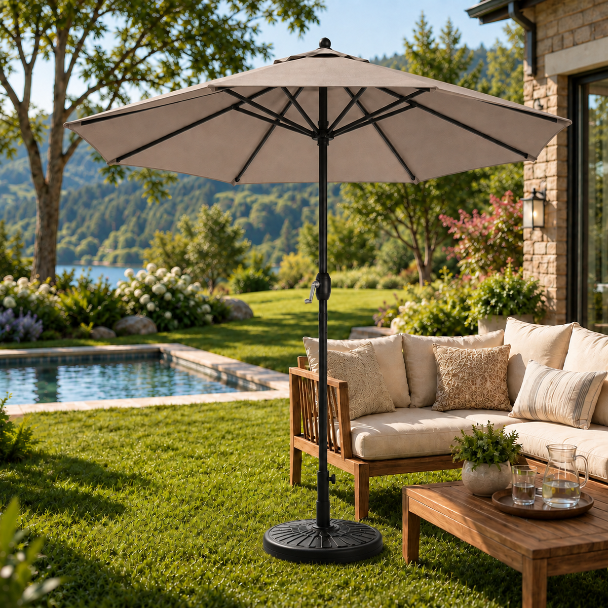 Pack parasol droit 3 m kaki + base ronde à remplir