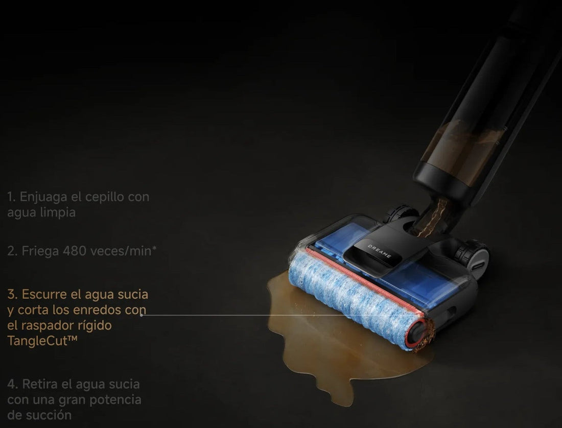 Escurre el agua sucia y corta los enredos con el raspador rígido tanglecut