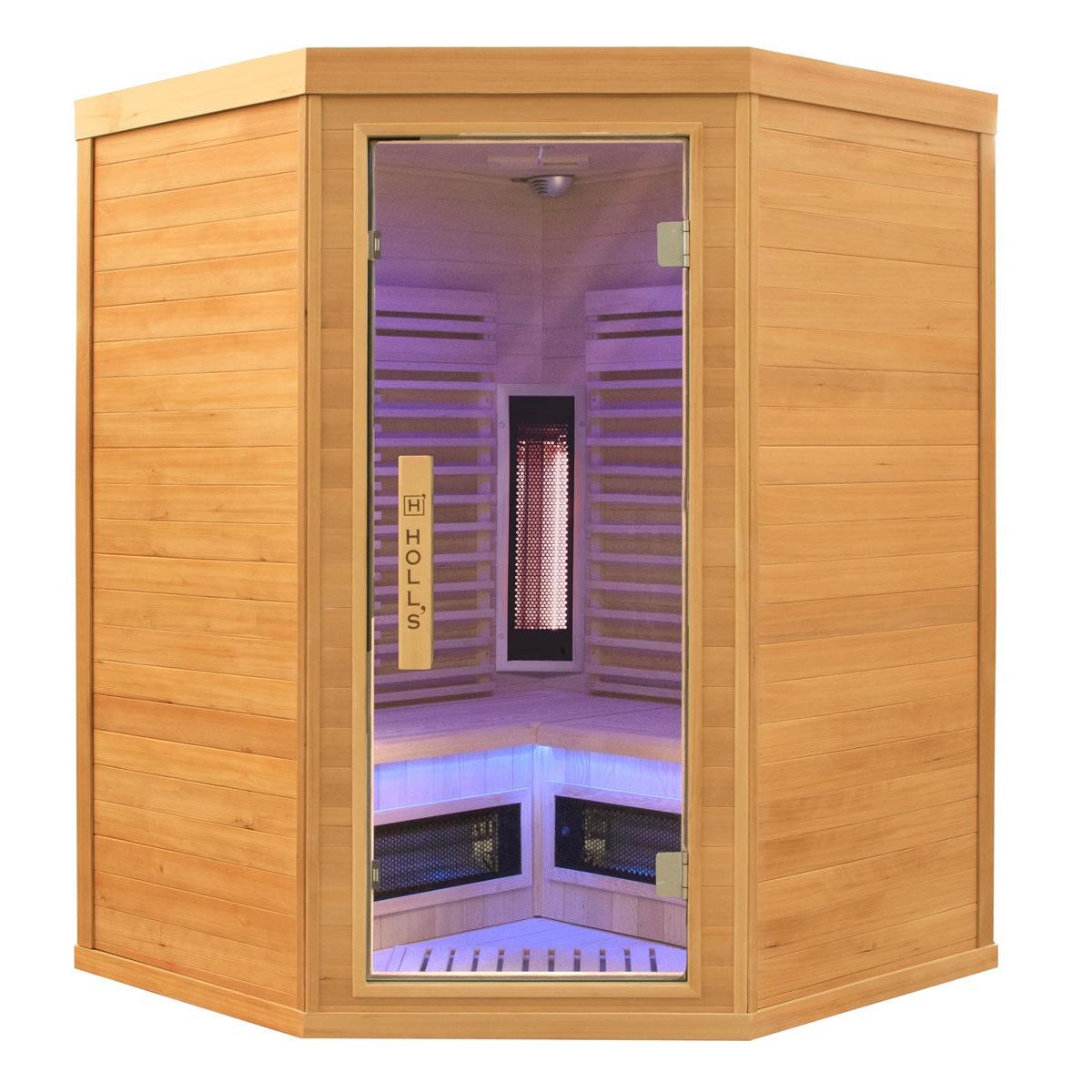 Holl's - Sauna de infrarrojos PureWave EVO - Abeto canadiense 2021 3 plazas en ángulo - BricoandPool