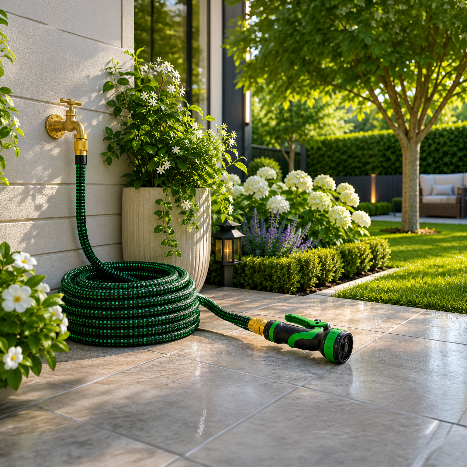 Tubo estensibile da giardino 15 m con pistola multifunzione e raccordi in ottone resistenti