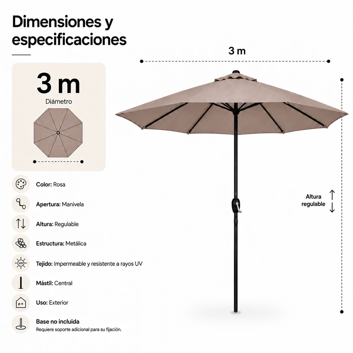 Verstelbare parasol voor de tuin, 3 meter, met uv-bescherming