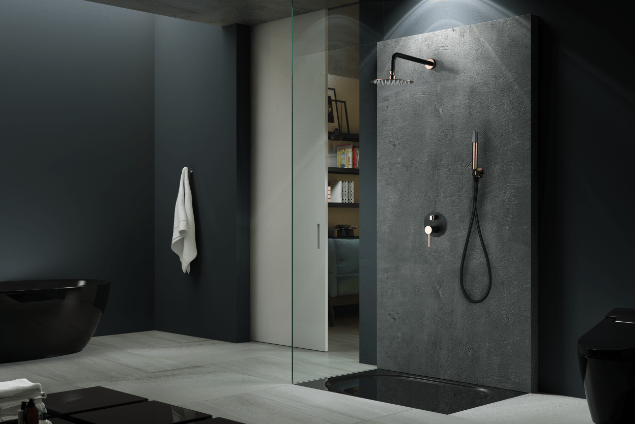 Imex - Conjunto de ducha empotrado monomando Milos negro oro rosa - BricoandPool