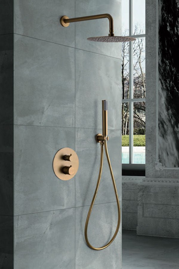 Imex - Conjunto de ducha empotrado termostático Line oro cepillado - BricoandPool