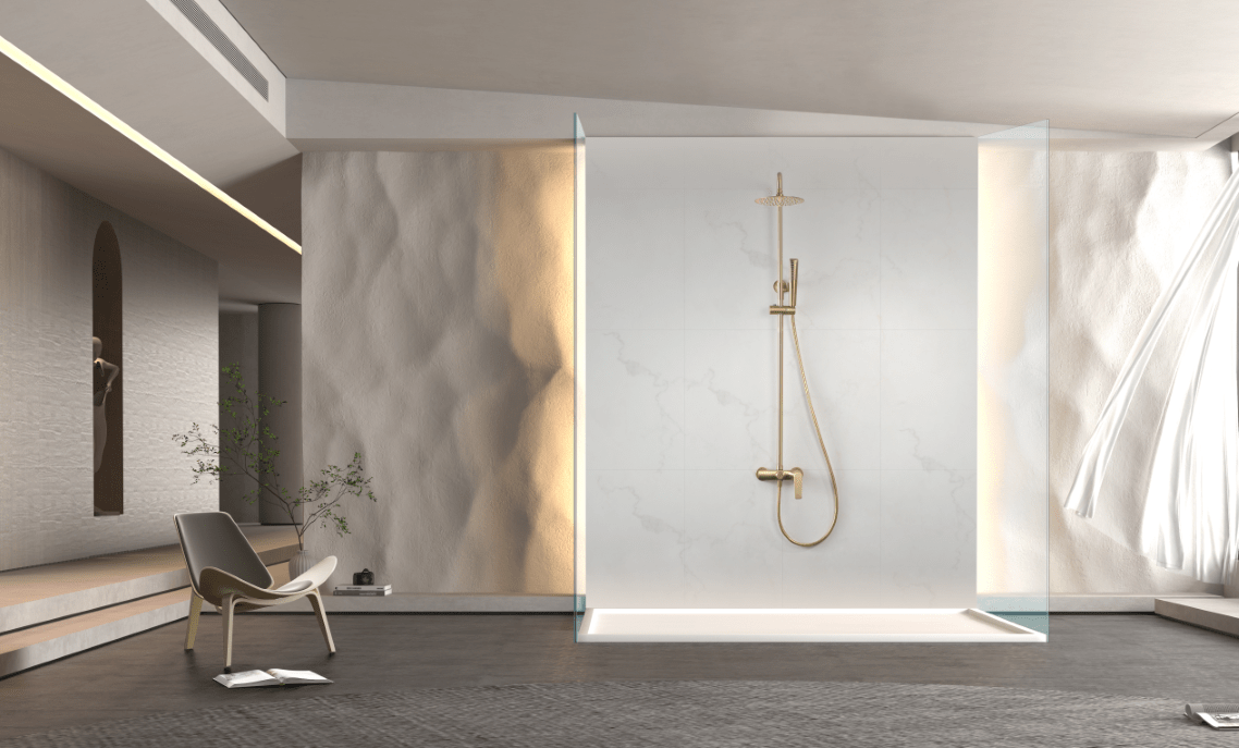 Imex - Conjunto ducha monomando Delos oro cepillado - BricoandPool