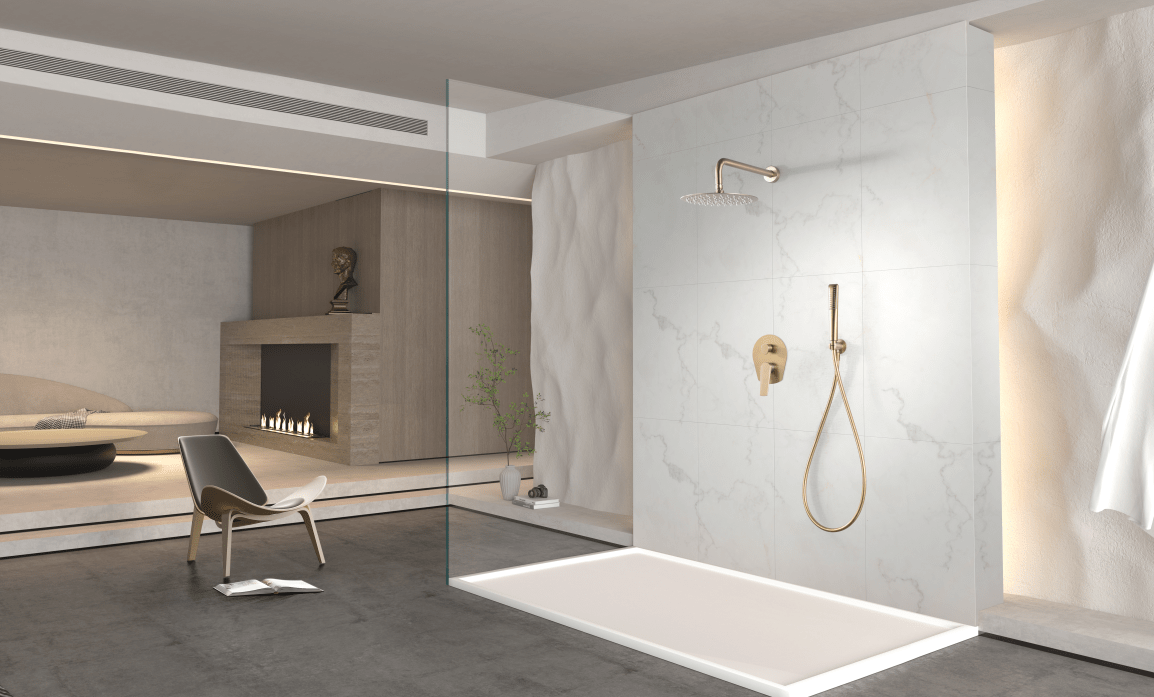 Imex - Conjunto ducha monomando empotrado Delos oro cepillado - BricoandPool