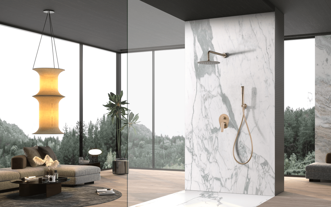 Imex - Conjunto ducha monomando empotrado Delos oro rosa cepillado - BricoandPool