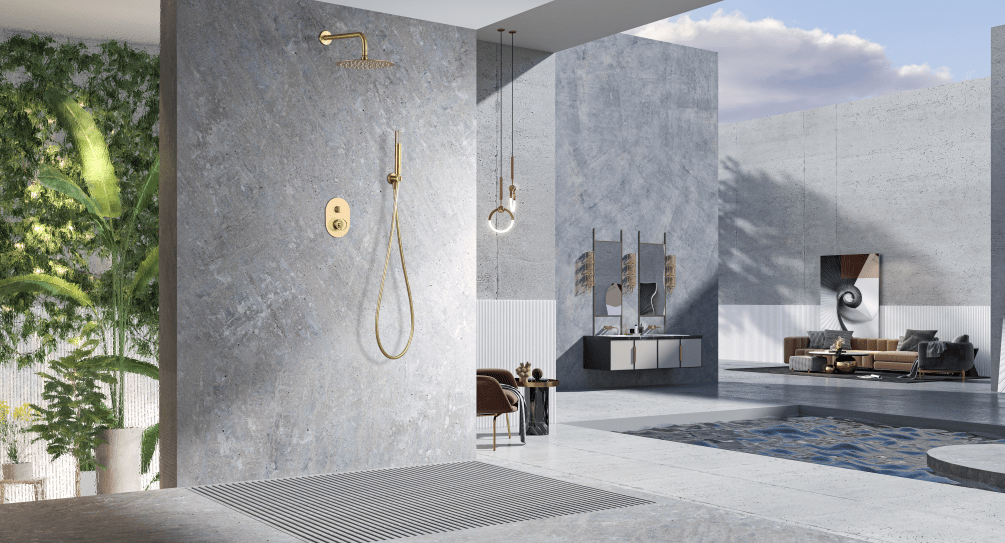 Imex - Conjunto ducha monomando empotrado Olimpo oro cepillado - BricoandPool