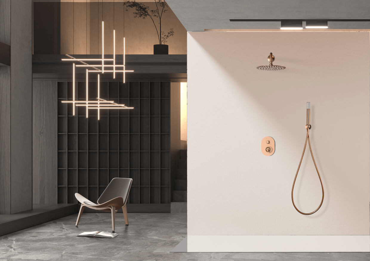 Imex - Conjunto ducha monomando empotrado Olimpo oro rosa cepillado - BricoandPool