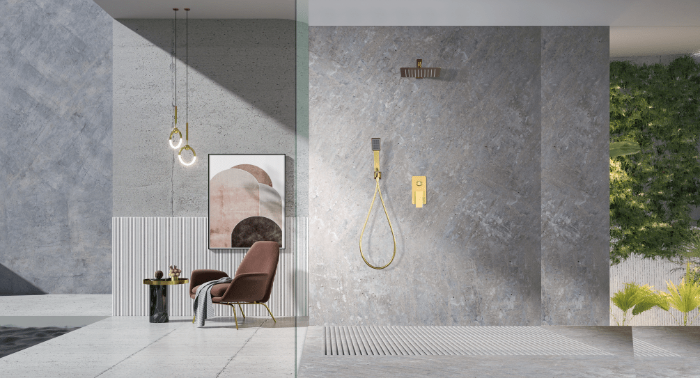 Imex - Conjunto ducha monomando empotrado Pisa oro cepillado - BricoandPool