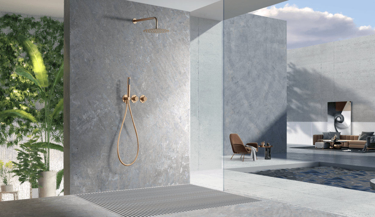 Imex - Conjunto ducha termostático empotrado Assen oro rosa cepillado - BricoandPool