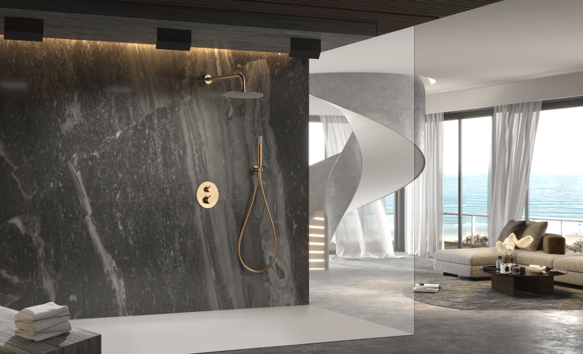 Imex - Conjunto ducha termostático empotrado Génova oro cepillado - BricoandPool