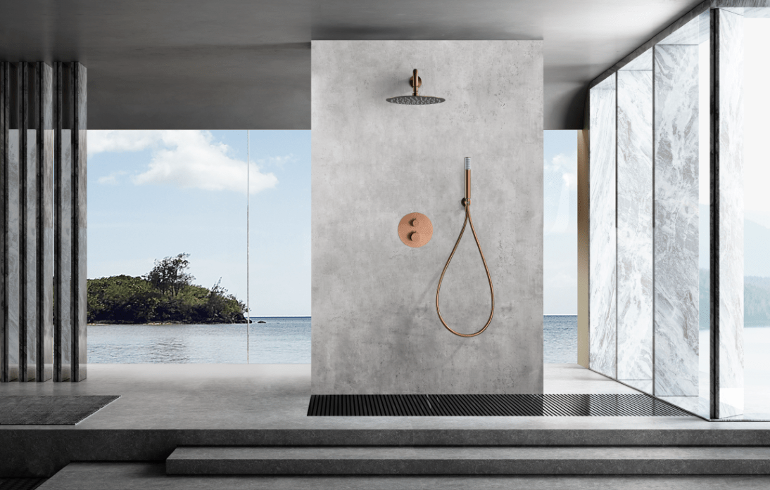 Imex - Conjunto ducha termostático empotrado Génova oro rosa cepillado - BricoandPool