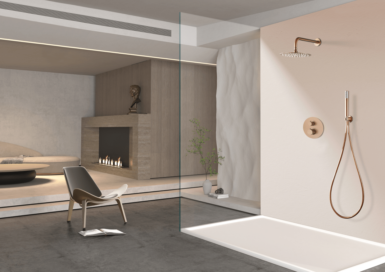 Imex - Conjunto ducha termostático empotrado Line oro rosa cepillado - BricoandPool