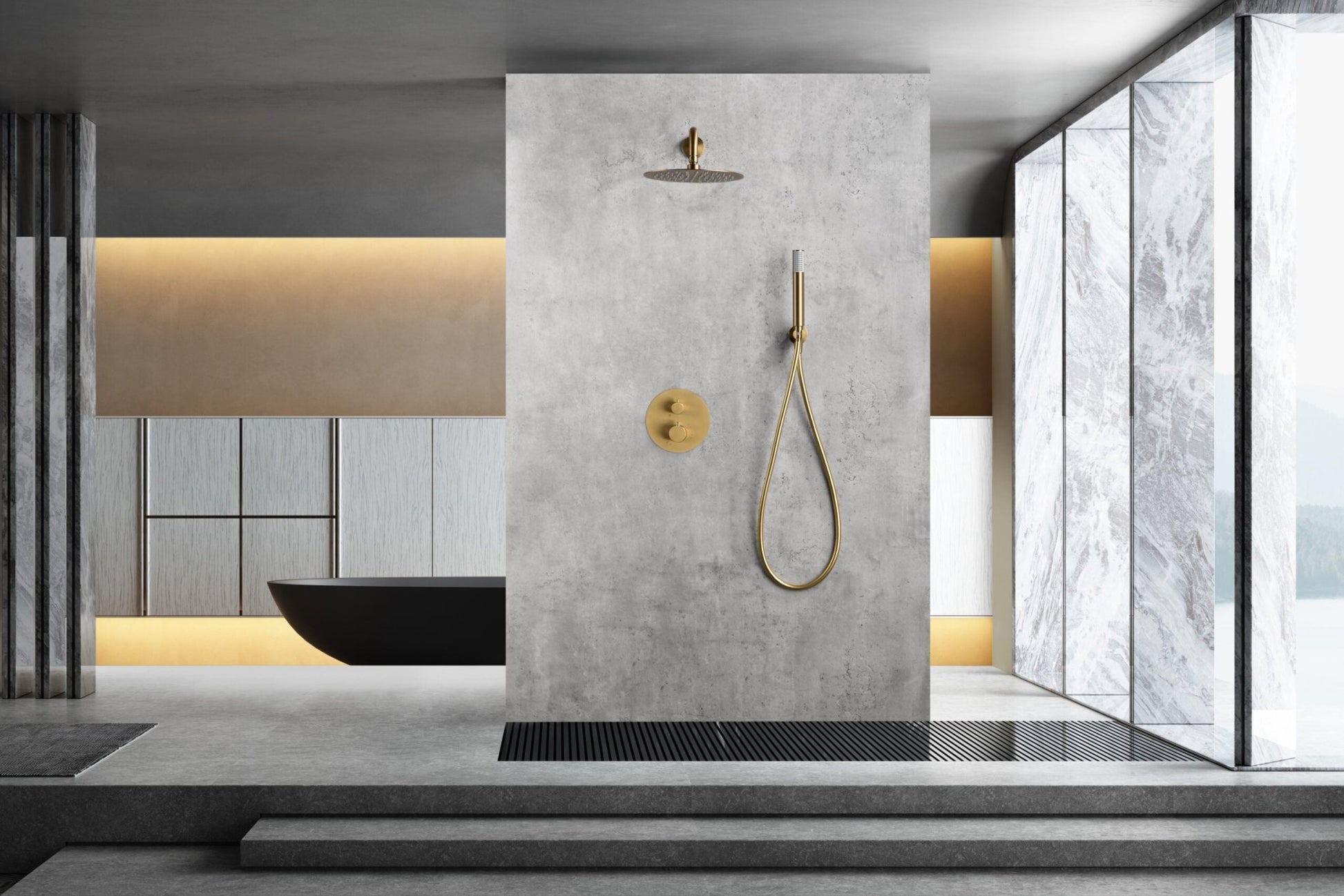 Imex - Conjunto ducha termostatico empotrado Monza oro cepillado - BricoandPool