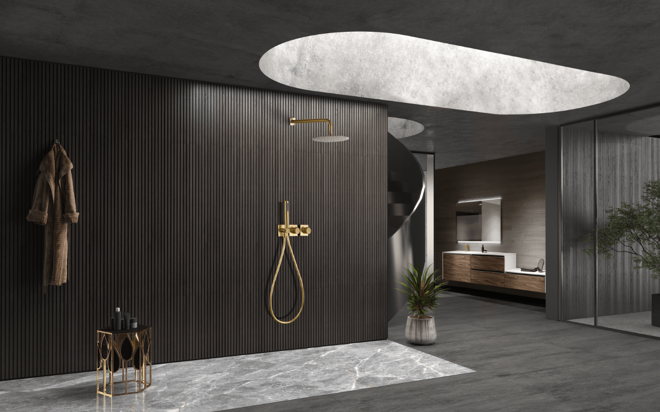 Imex - Conjunto ducha termostático empotrado Tíbet oro cepillado - BricoandPool