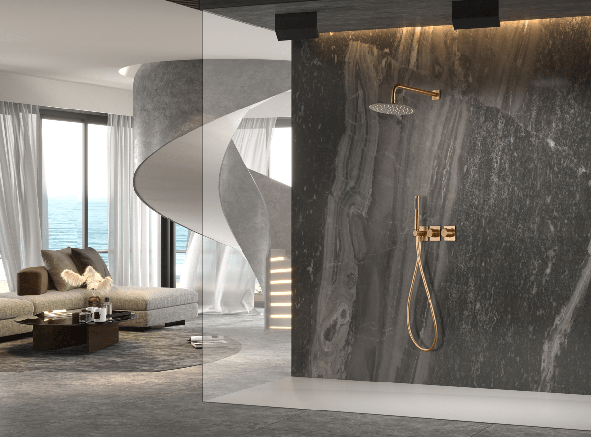 Imex - Conjunto ducha termostático empotrado Tíbet oro rosa cepillado - BricoandPool