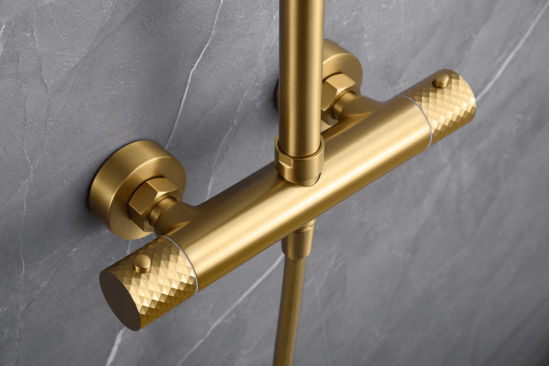 Imex - Conjunto ducha termostático Génova oro cepillado - BricoandPool