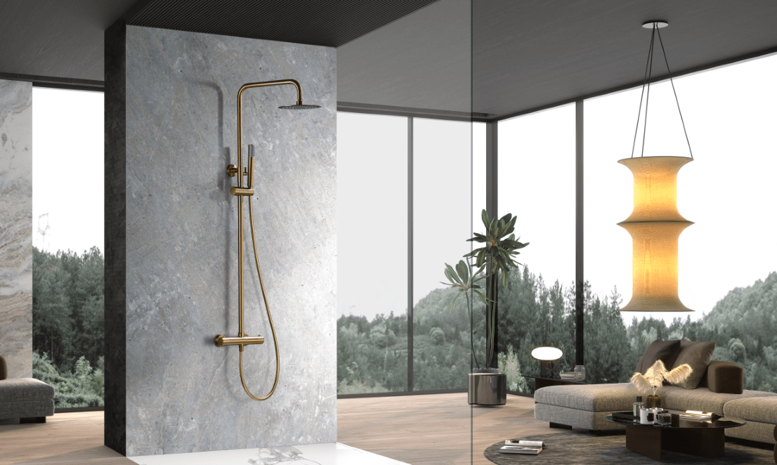 Imex - Conjunto ducha termostático Génova oro cepillado - BricoandPool