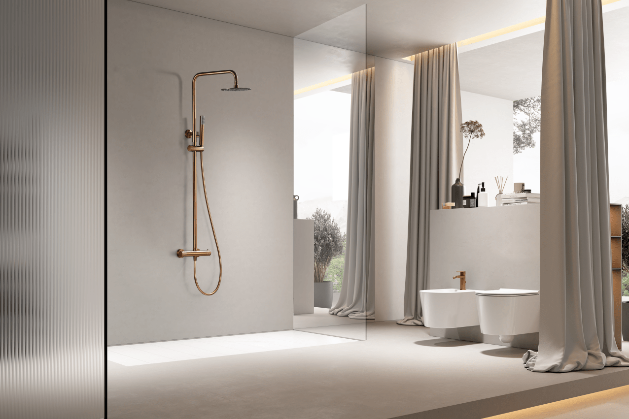 Imex - Conjunto ducha termostático Génova oro rosa cepillado - BricoandPool