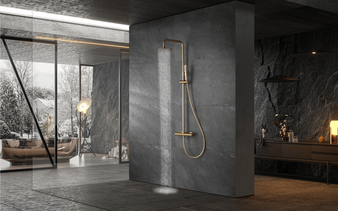 Imex - Conjunto ducha termostático Nápoles oro cepillado - BricoandPool