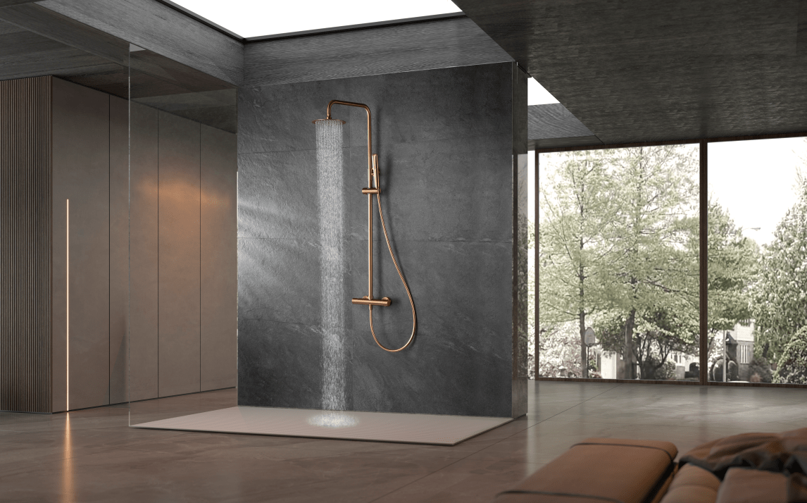 Imex - Conjunto ducha termostático Nápoles oro rosa cepillado - BricoandPool