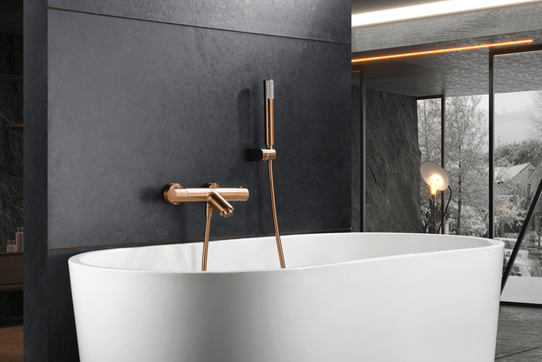 Imex - Kit baño/ducha termostático Génova oro rosa cepillado - BricoandPool